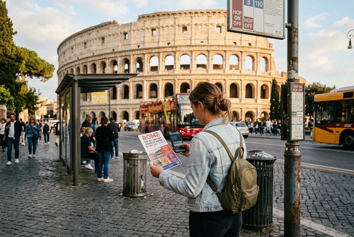 Traveler comparing a rome hop on hop off discount offer against the official ticket price on a phone near a bus stop with the Colosseum in the background