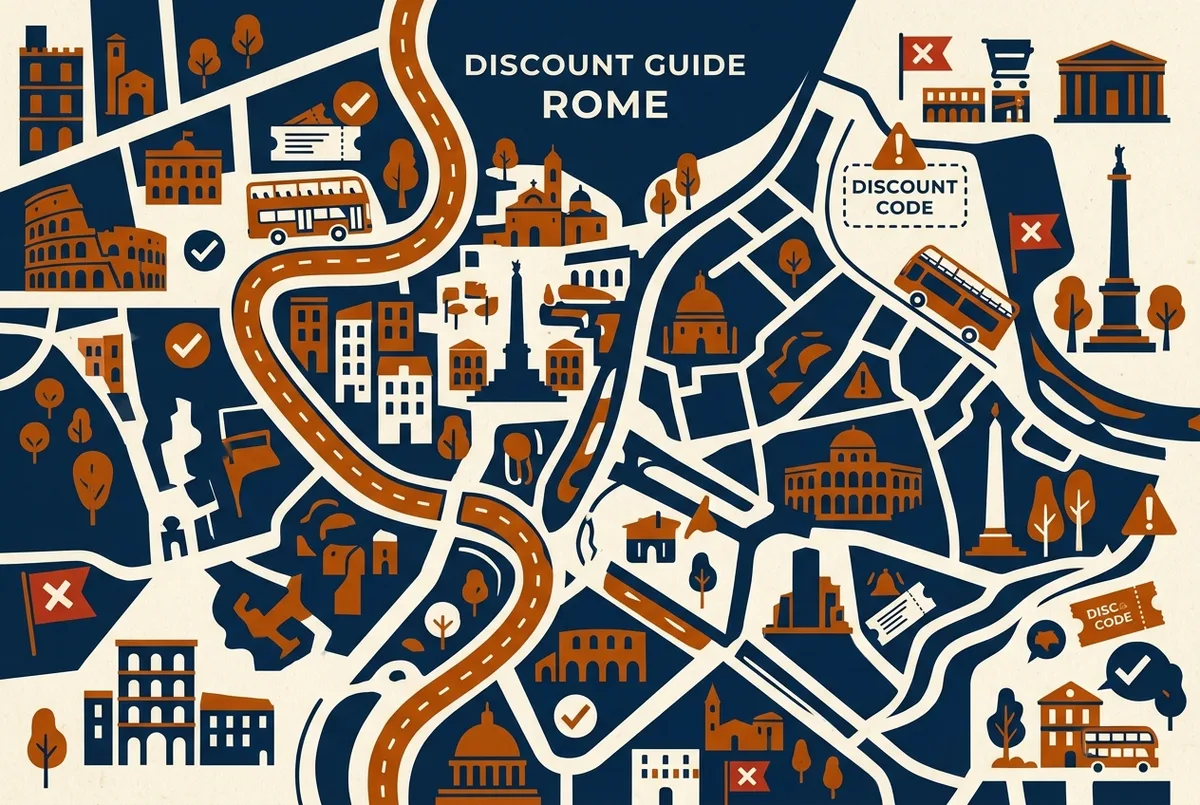 Comparison infographic of legitimate rome hop on hop off discount channels versus red flag warning icons for third party discount codes