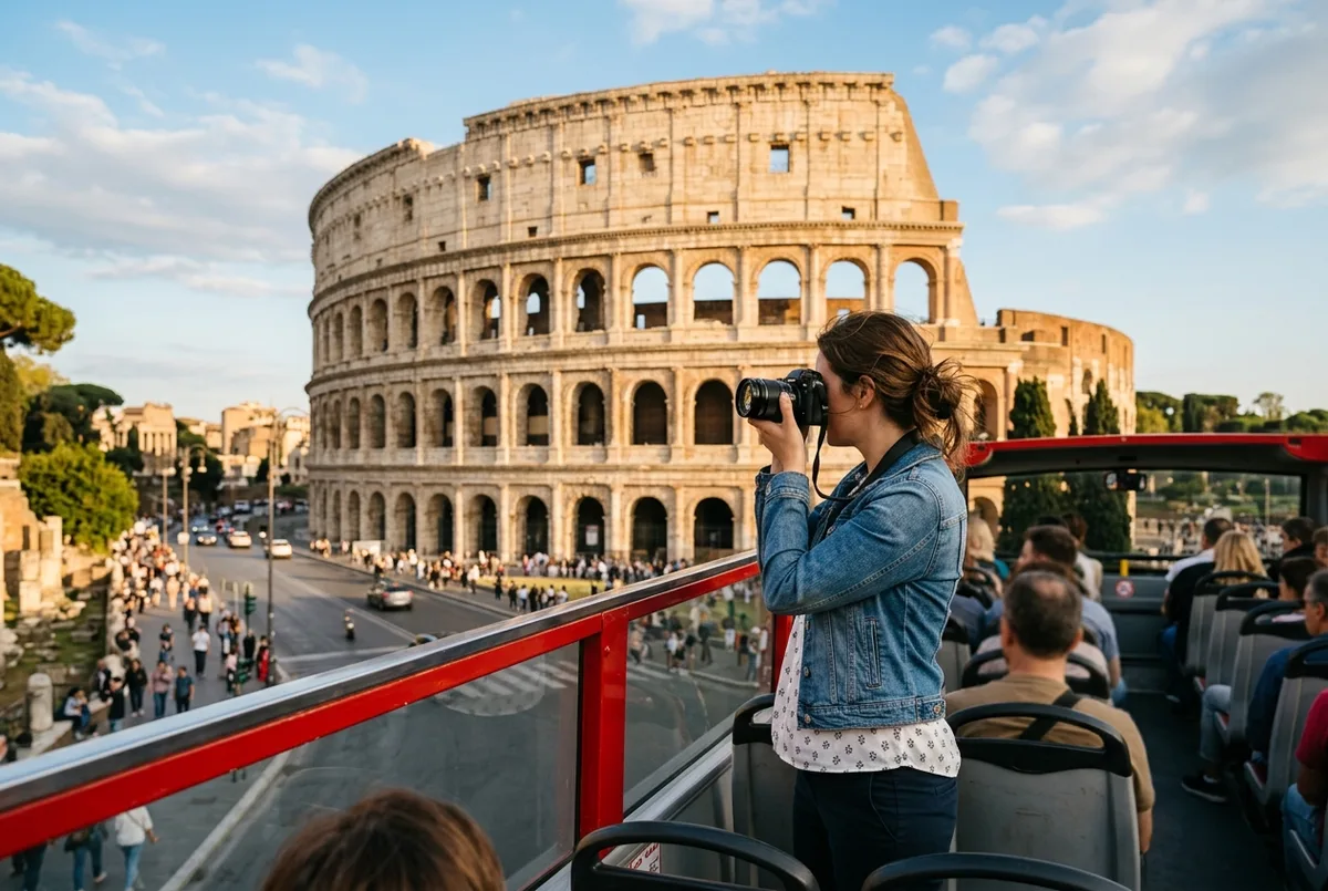 Traveler photographing the Colosseum from the upper deck of a rome hop on hop off bus in warm afternoon light