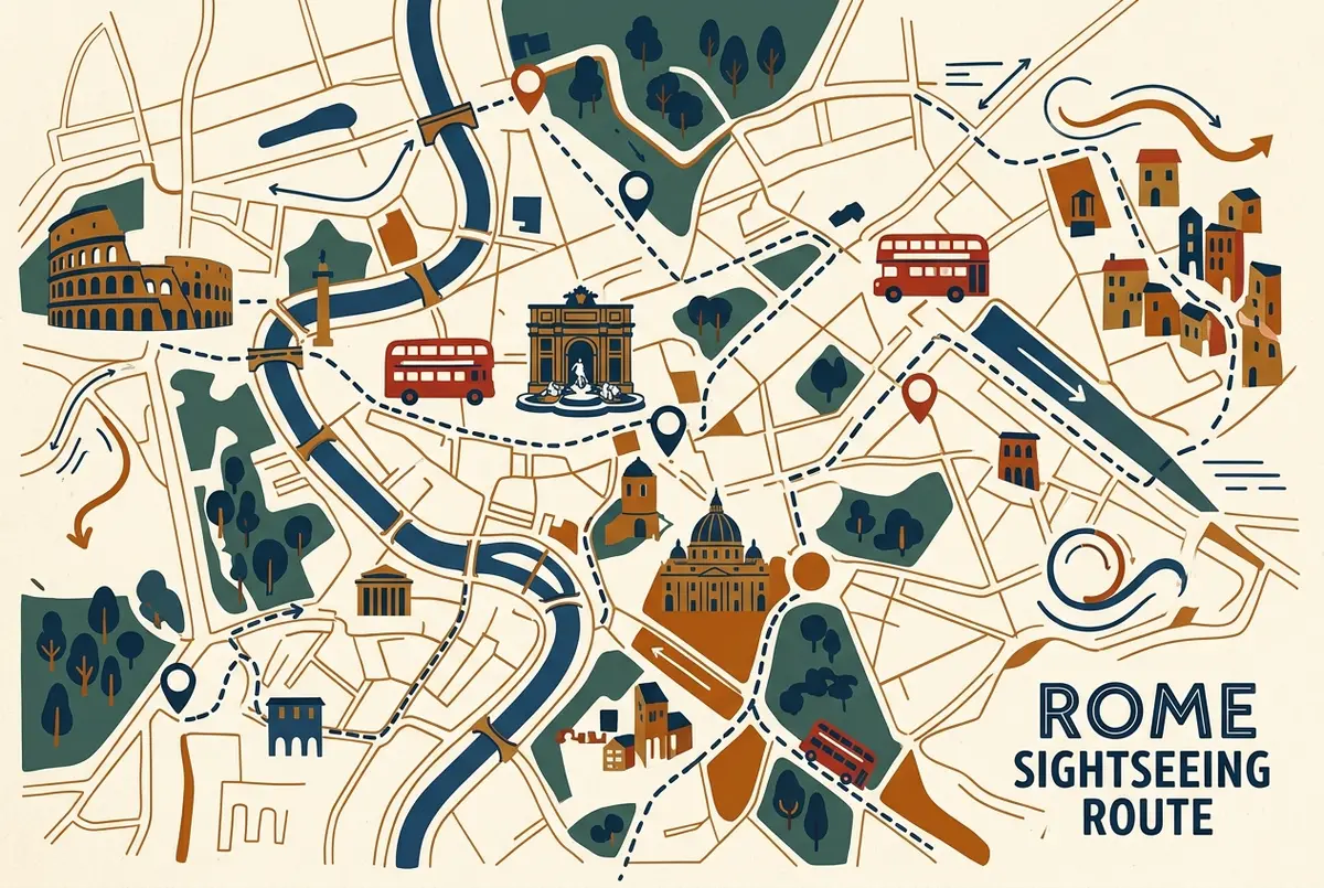 Illustrated stop by stop sightseeing map showing time budgets at the Colosseum, Trevi Fountain, Vatican and Trastevere along the rome hop on hop off route