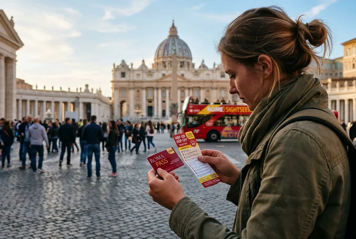 Reiziger houdt een Roma Pass en een hop on hop off busticket naast elkaar vast voor het Colosseum in Rome
