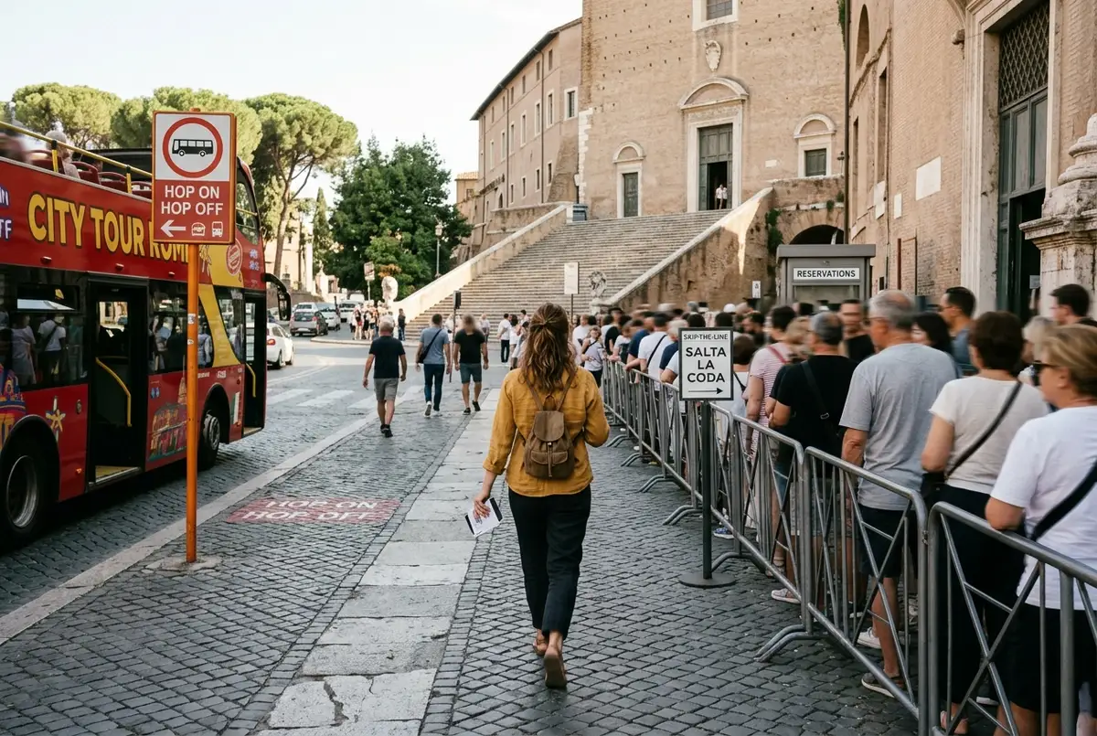 Traveler skipping the ticket queue at a smaller Rome attraction with a hop on hop off bus stop visible nearby