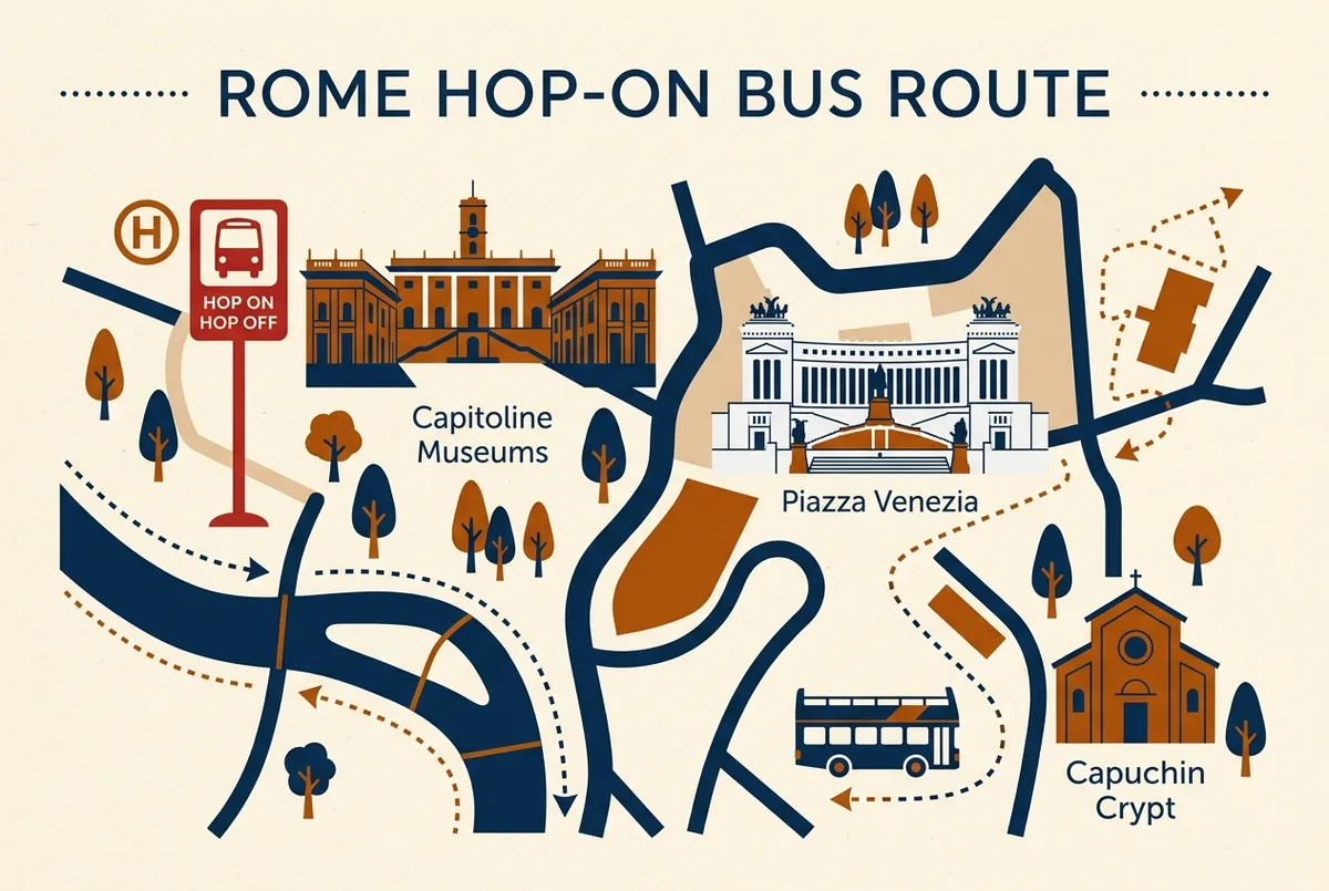 Simple map style graphic showing the Capitoline Museums, Piazza Venezia terrace and Capuchin Crypt marked near a rome hop on hop off bus stop, generic icons only