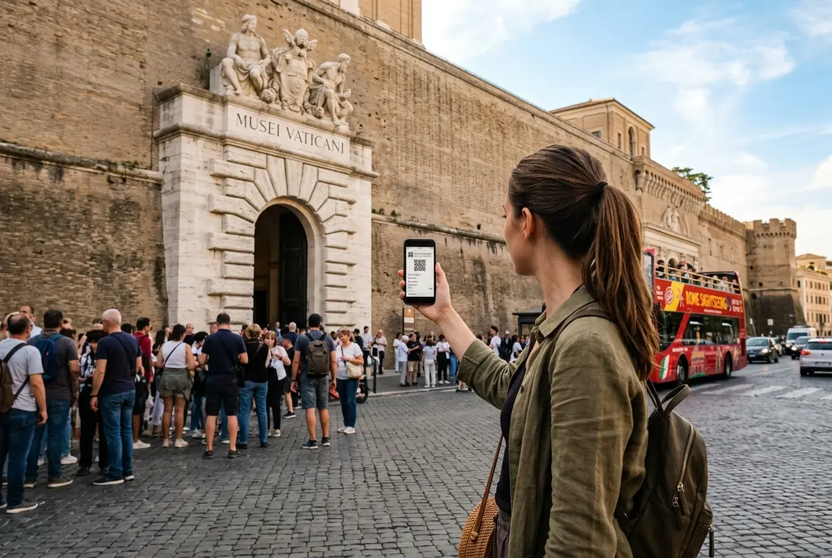 Traveler holding a smartphone ticket outside the Vatican Museums entrance in Rome with a hop on hop off bus visible in the background