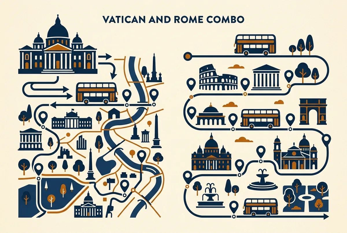 Simple infographic showing a two day itinerary for the hop on hop off vatican museums combo rome, morning museum entry then afternoon bus stops, with generic location icons only
