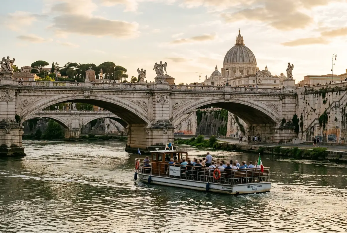 Bateau hop-on hop-off naviguant sur le Tibre à Rome au coucher du soleil avec vue sur le dôme de la Basilique Saint-Pierre en arrière-plan