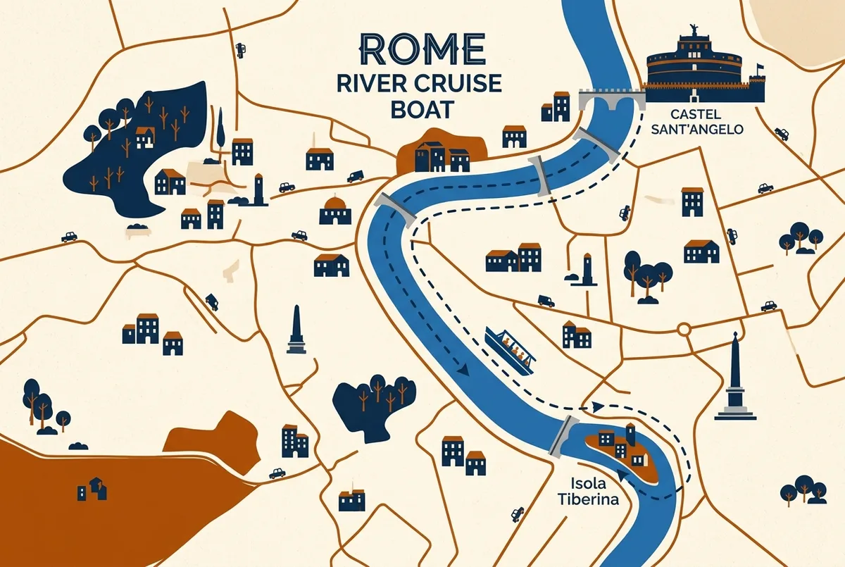 Kaart van de boottocht op de Tiber in Rome met de route tussen Isola Tiberina en Castel Sant'Angelo langs historische bruggen