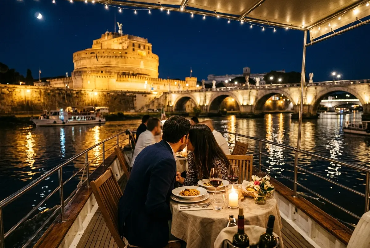 Coppia che cena a lume di candela su un battello scoperto durante una crociera serale sul Tevere a Roma con ponti illuminati sullo sfondo