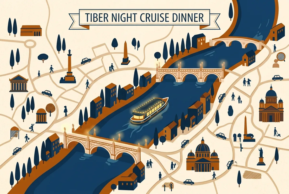 Mappa semplice del percorso serale di una cena sul battello a Roma tra due punti generici sul fiume con ponti illuminati