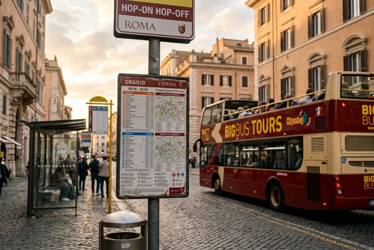 Close up of a rome hop on hop off timetable schedule board at a bus stop with a double decker bus waiting in soft morning light
