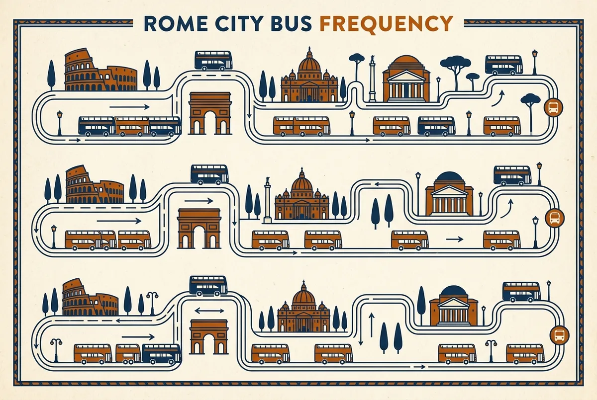Simple frequency comparison infographic showing rome hop on hop off buses arriving every 10 to 20 minutes across three operator lines