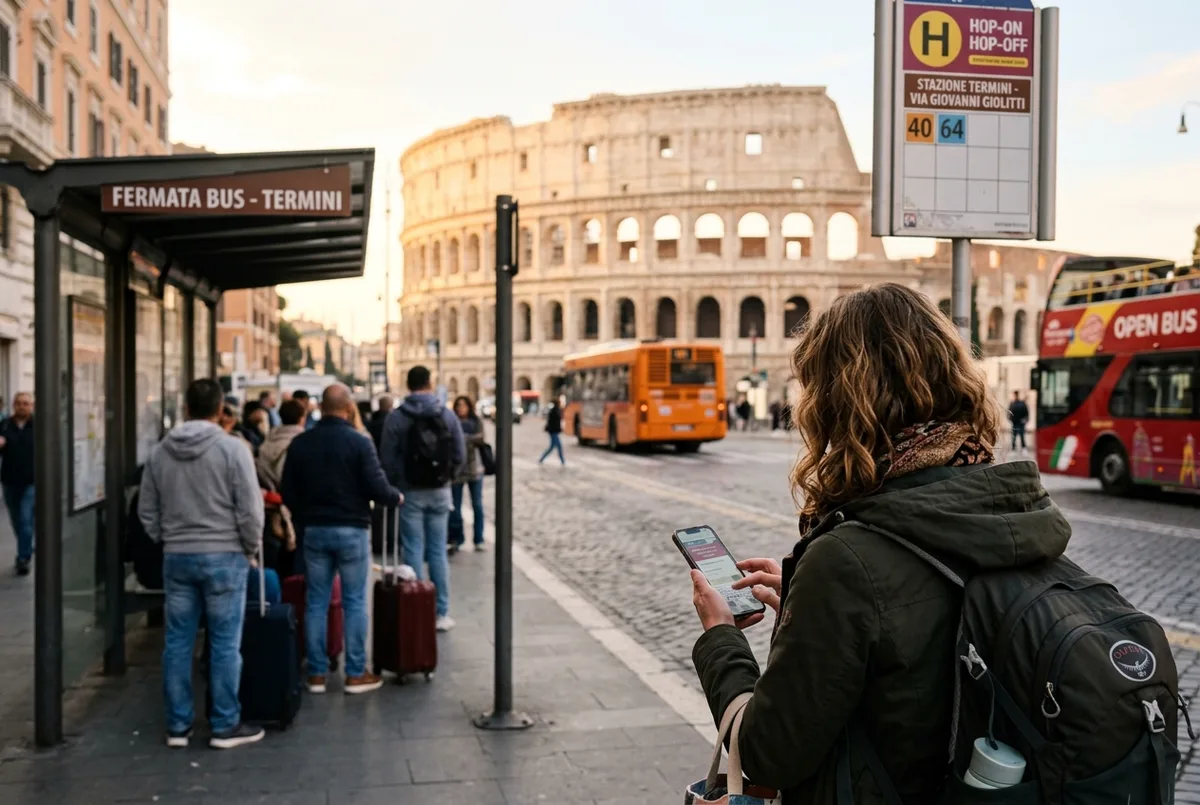 Reisender bucht hop on hop off rom ticket kaufen Vorgang auf dem Smartphone in einem Hotelzimmer mit Blick auf Rom
