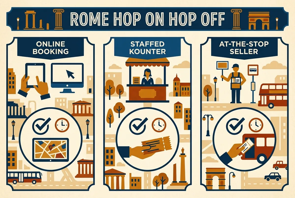 Schritt-für-Schritt-Infografik vergleicht hop on hop off rom ticket kaufen online, am Bus und am Strassenkiosk nach Preis und Wartezeit